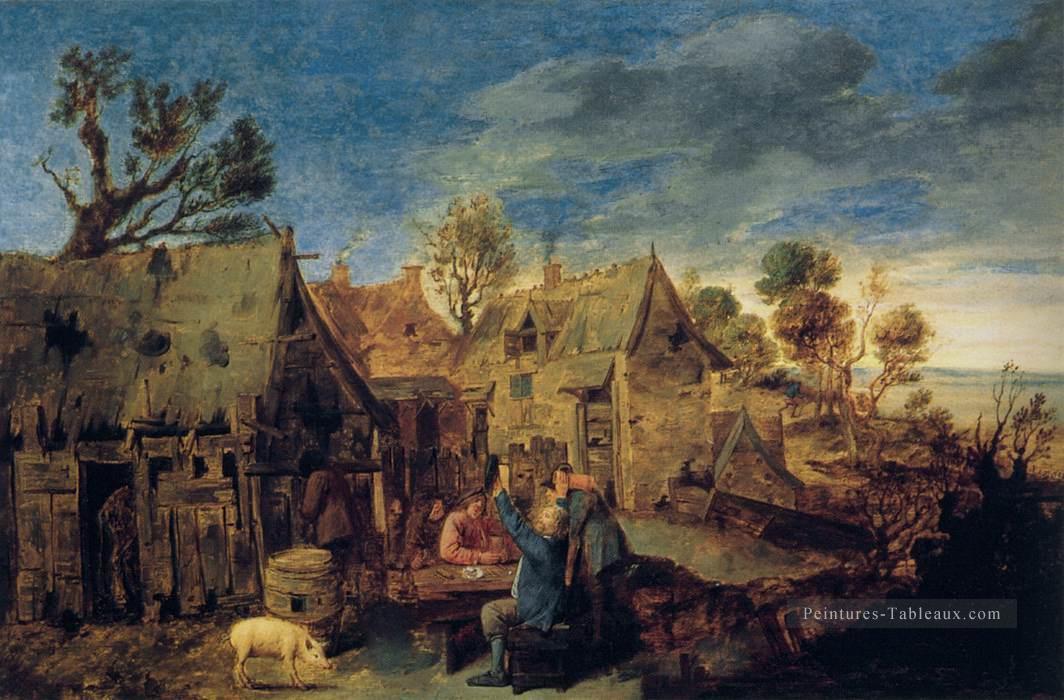 scène de village avec des hommes buvant la vie rurale baroque Adriaen Brouwer Peintures à l'huile